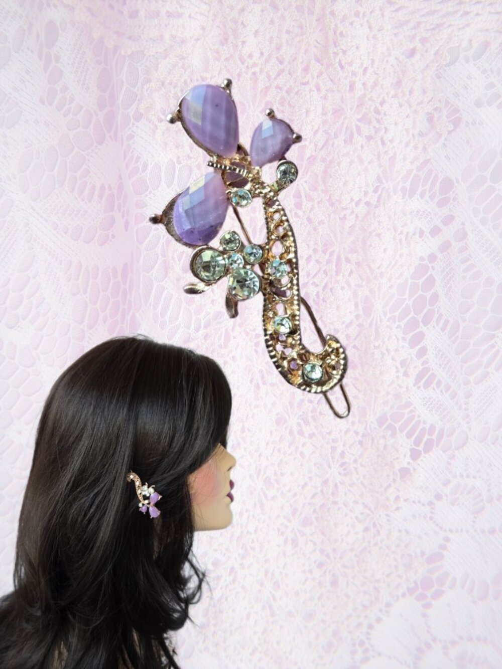 Vintage Y2k Lavender Crystal Filigree Hair Clip Mini Fairycore Barette